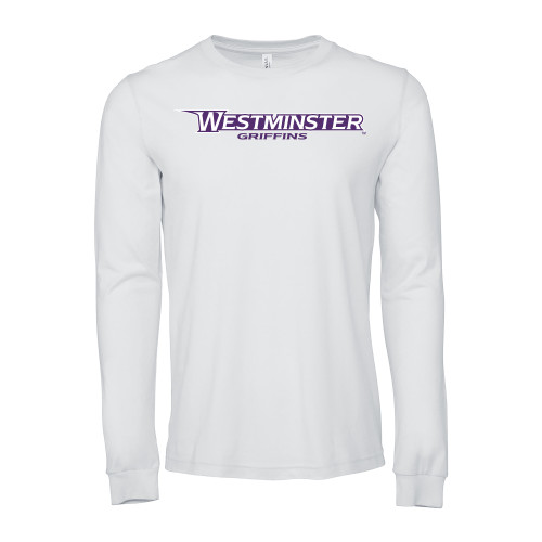  Bella + Canvas White Jersey Cotton Long Sleeve T Shirt - Westminster Athletic Word Mark