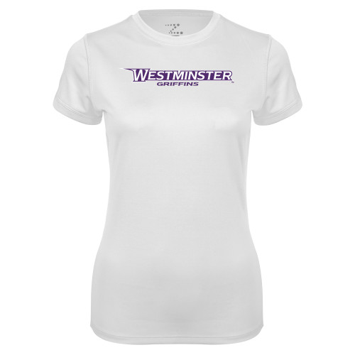  Womens White Performance Tee - Westminster Athletic Word Mark