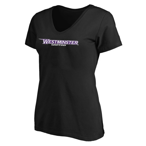  Womens Plus Black V Neck T Shirt - Westminster Athletic Word Mark