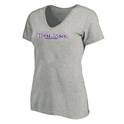  Womens Plus Heather Grey V Neck T Shirt - Westminster Athletic Word Mark