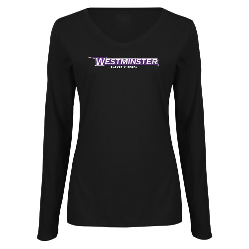  Womens Black Long Sleeve V Neck Tee  - Westminster Athletic Word Mark