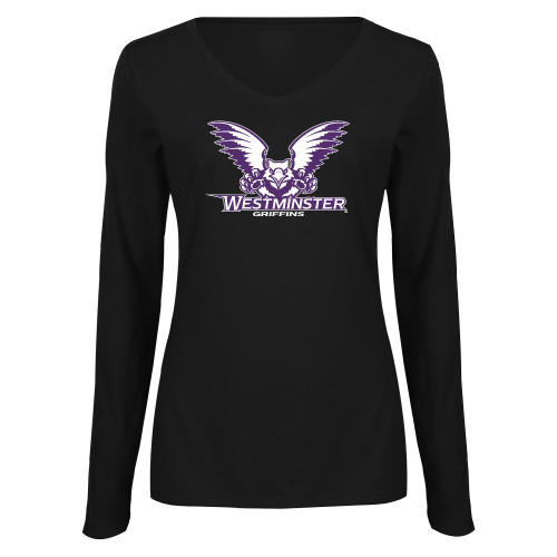  Womens Black Long Sleeve V Neck Tee  - Westminster Primary Mark