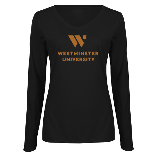  Womens Black Long Sleeve V Neck Tee  - WU Westminster University