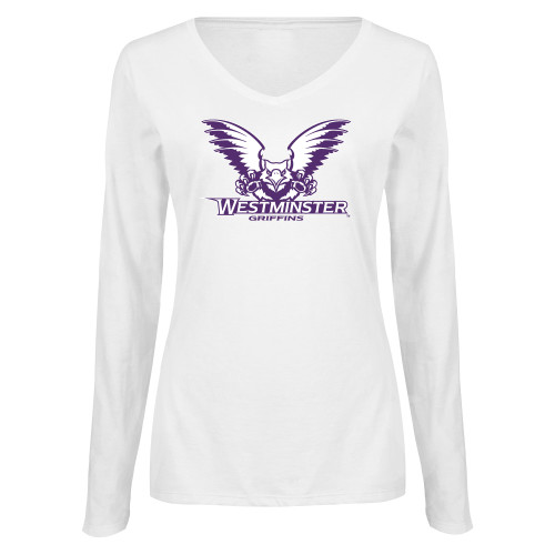  Womens White Long Sleeve V Neck Tee  - Westminster Primary Mark