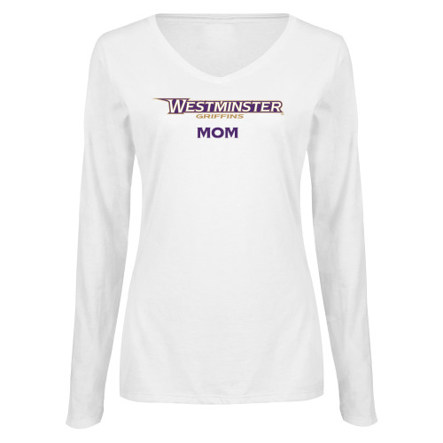  Womens White Long Sleeve V Neck Tee  - Westminster Mom