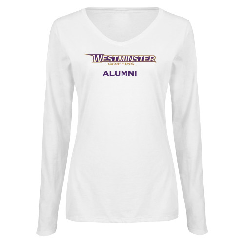  Womens White Long Sleeve V Neck Tee  - Westminster Alumni
