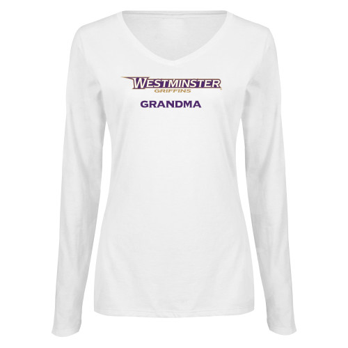  Womens White Long Sleeve V Neck Tee  - Westminster Grandma