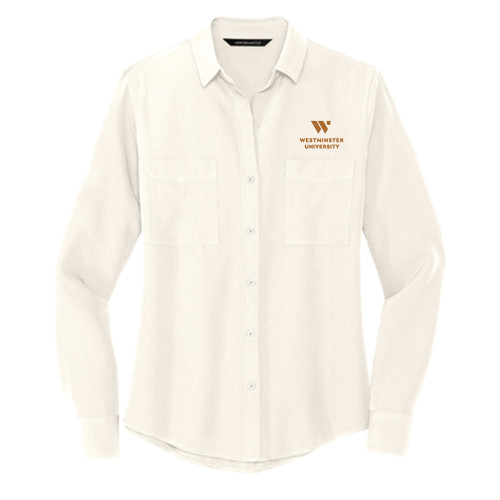  Mercer + Mettle Womens Ivory Crepe Long Sleeve Camp Blouse - WU Westminster University