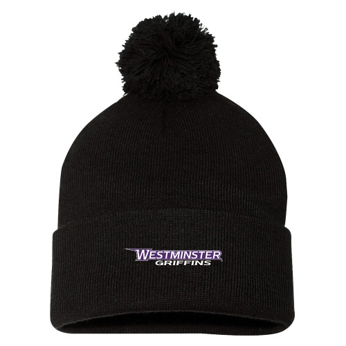  Sportsman Black Pom Pom Cuffed Beanie - Westminster Athletic Word Mark