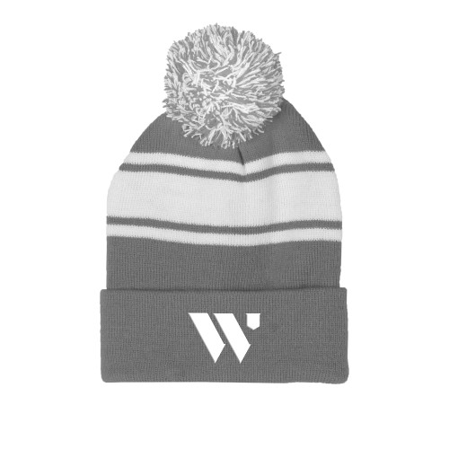  Grey/White Two Tone Knit Pom Beanie w/Cuff - WU Logo Mark