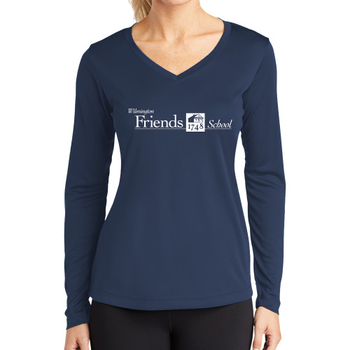  Womens Navy Performance Long Sleeve V Neck Shirt - Primary Mark