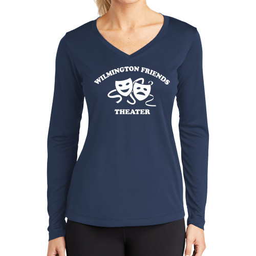  Womens Navy Performance Long Sleeve V Neck Shirt - Theater