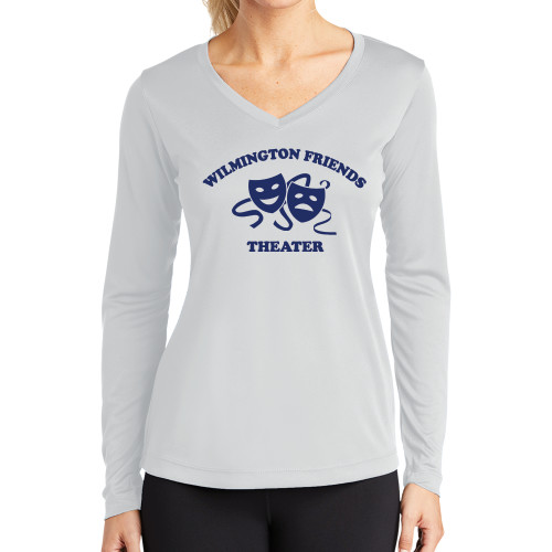  Womens White Performance Long Sleeve V Neck Shirt - Theater