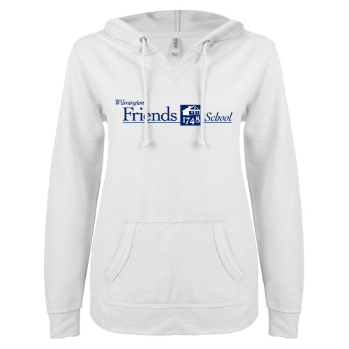  ENZA Womens White V Notch Raw Edge Fleece Hoodie - Primary Mark