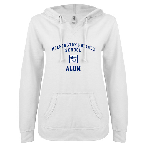  ENZA Womens White V Notch Raw Edge Fleece Hoodie - Alum