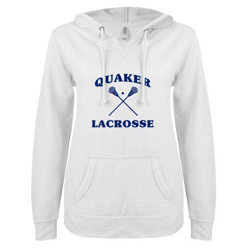 ENZA Womens White V Notch Raw Edge Fleece Hoodie - Lacrosse