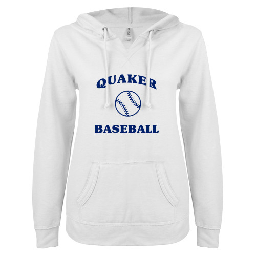  ENZA Womens White V Notch Raw Edge Fleece Hoodie - Baseball