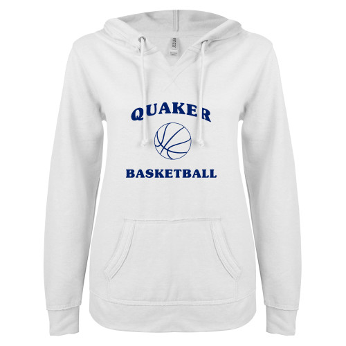  ENZA Womens White V Notch Raw Edge Fleece Hoodie - Basketball