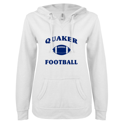 ENZA Womens White V Notch Raw Edge Fleece Hoodie - Football