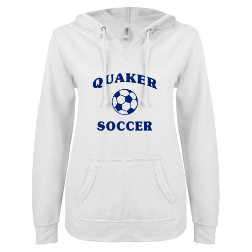  ENZA Womens White V Notch Raw Edge Fleece Hoodie - Soccer