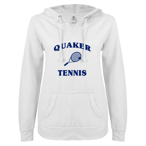  ENZA Womens White V Notch Raw Edge Fleece Hoodie - Tennis