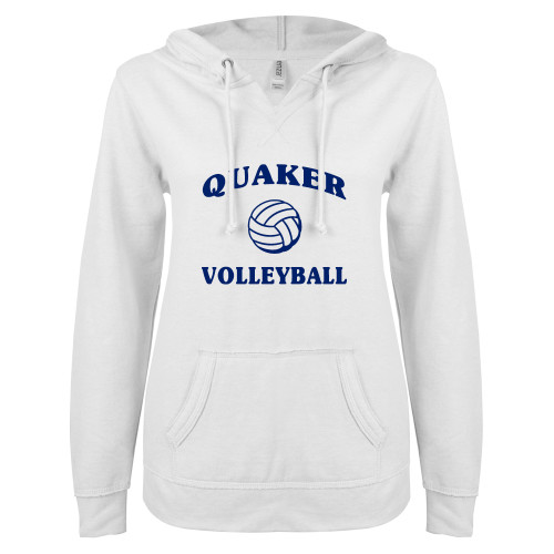  ENZA Womens White V Notch Raw Edge Fleece Hoodie - Volleyball