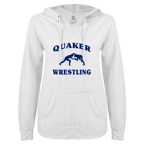  ENZA Womens White V Notch Raw Edge Fleece Hoodie - Wrestling