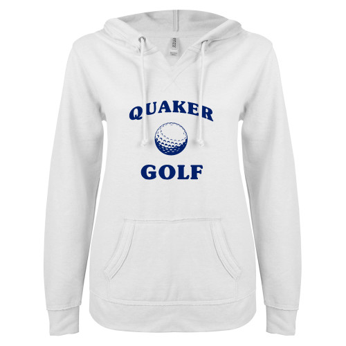  ENZA Womens White V Notch Raw Edge Fleece Hoodie - Golf