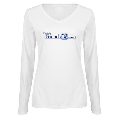  Womens White Long Sleeve V Neck Tee - Primary Mark