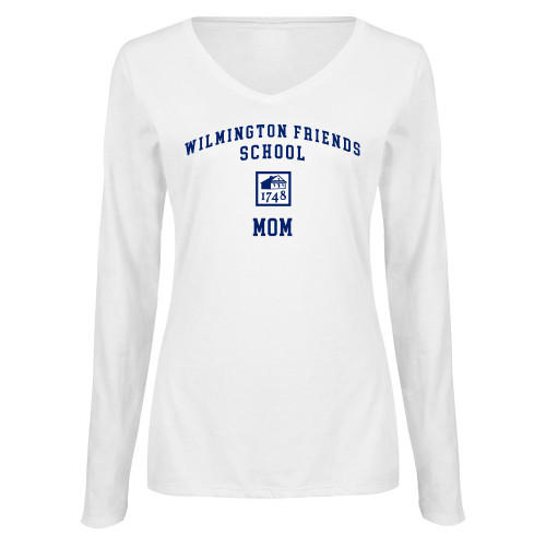  Womens White Long Sleeve V Neck Tee - Mom