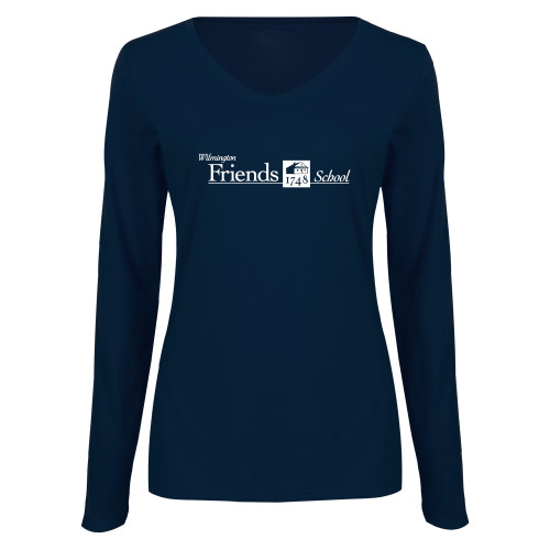  Womens Navy Long Sleeve V Neck Tee - Primary Mark