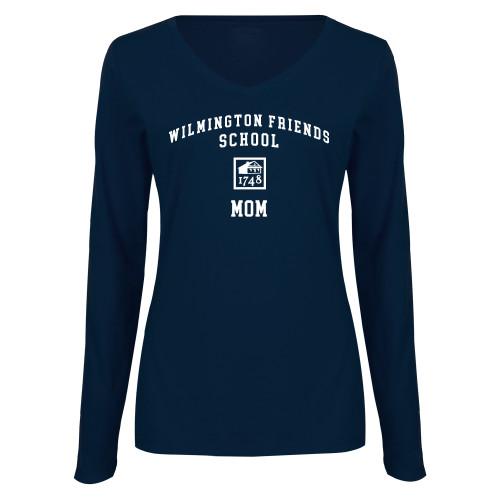  Womens Navy Long Sleeve V Neck Tee - Mom