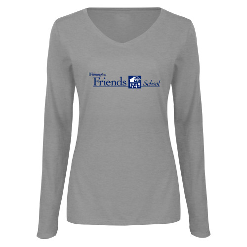  Womens Grey Long Sleeve V Neck Tee  - Primary Mark