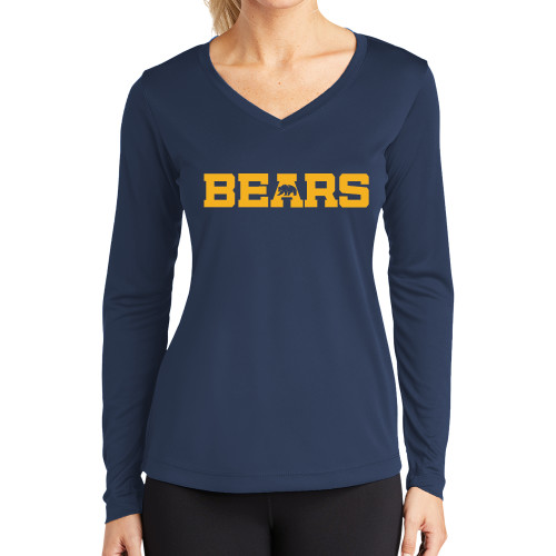  Womens Navy Performance Long Sleeve V Neck Shirt - Bears Logo