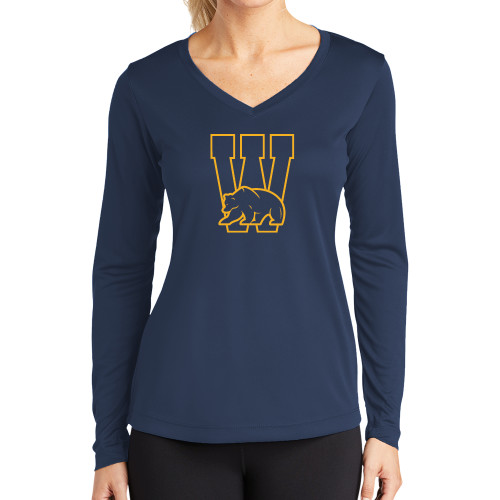  Womens Navy Performance Long Sleeve V Neck Shirt - W Logo with Bear