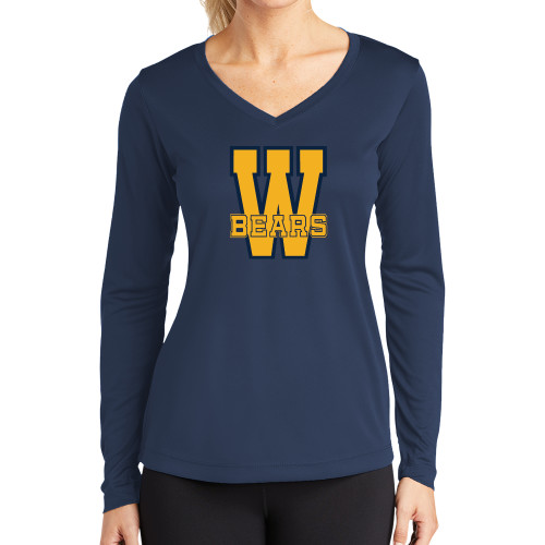  Womens Navy Performance Long Sleeve V Neck Shirt - W Bears