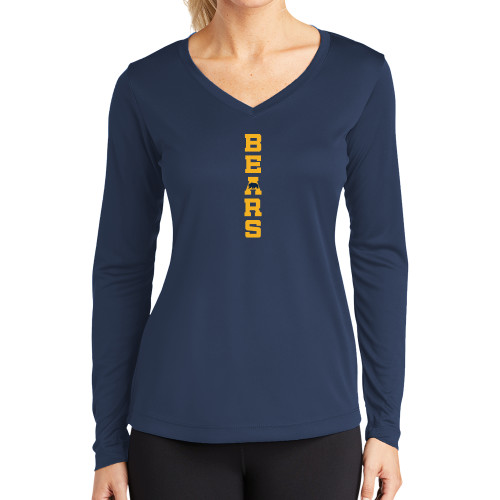  Womens Navy Performance Long Sleeve V Neck Shirt - Bears with Bear