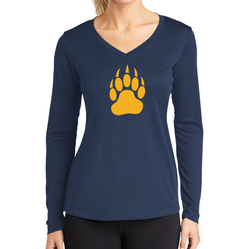  Womens Navy Performance Long Sleeve V Neck Shirt - Paw