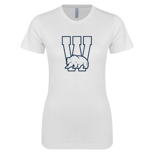  Next Level Womens White Boyfriend Tee - W Logo with Bear
