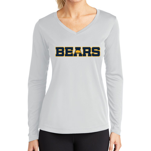  Womens White Performance Long Sleeve V Neck Shirt - Bears Logo
