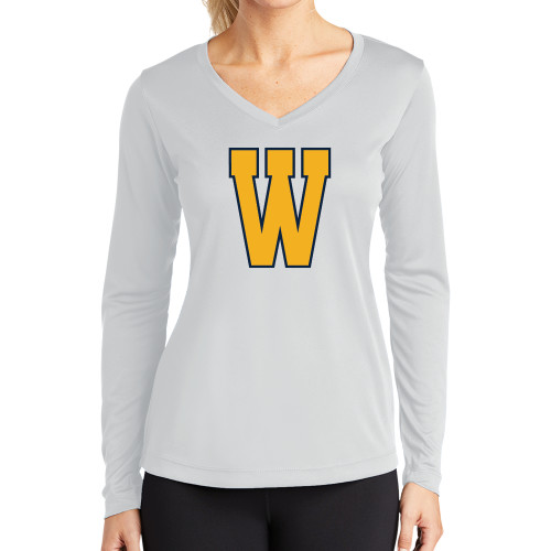  Womens White Performance Long Sleeve V Neck Shirt - W Logo