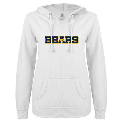  ENZA Womens White V Notch Raw Edge Fleece Hoodie - Bears Logo