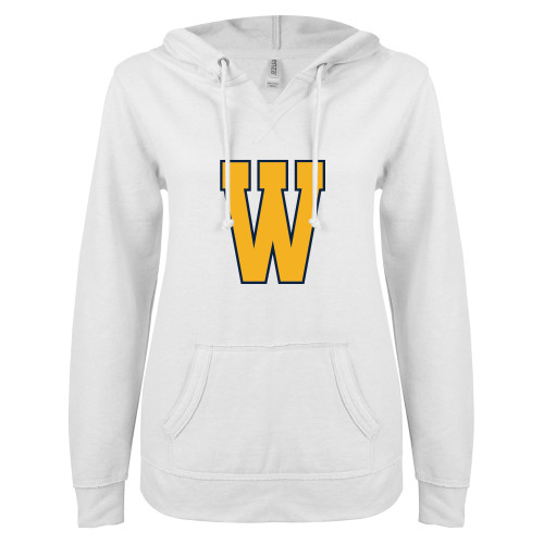  ENZA Womens White V Notch Raw Edge Fleece Hoodie - W Logo