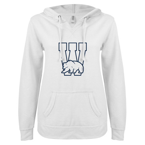  ENZA Womens White V Notch Raw Edge Fleece Hoodie - W Logo with Bear