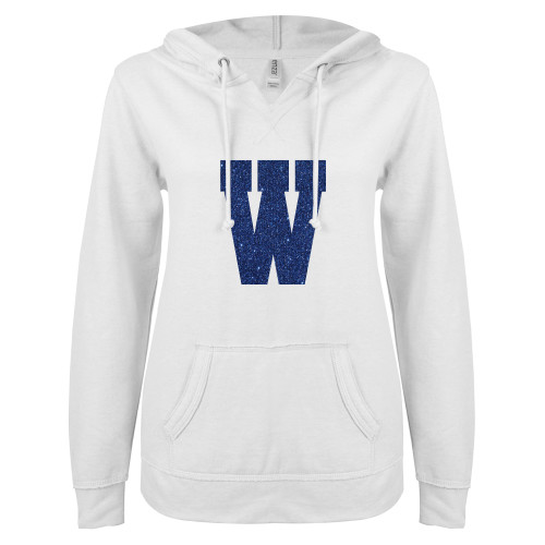  ENZA Womens White V Notch Raw Edge Fleece Hoodie - H Dark Blue Glitter