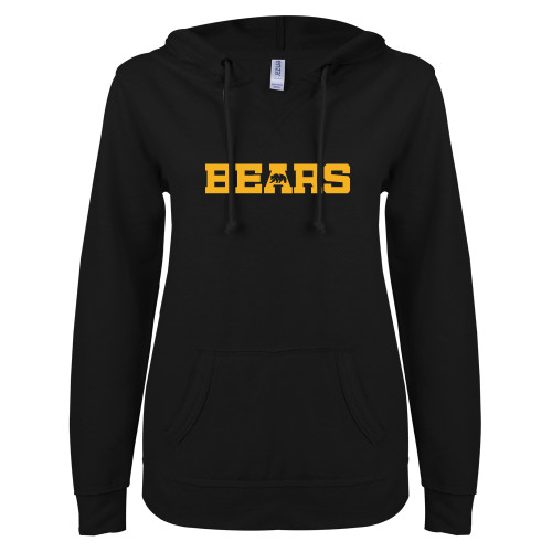  ENZA Womens Black V Notch Raw Edge Fleece Hoodie - Bears Logo