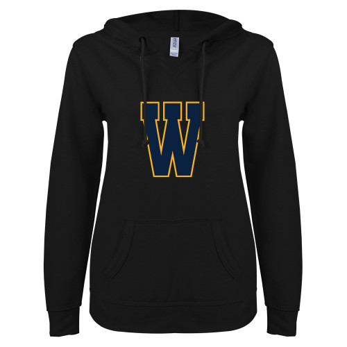  ENZA Womens Black V Notch Raw Edge Fleece Hoodie - W Logo