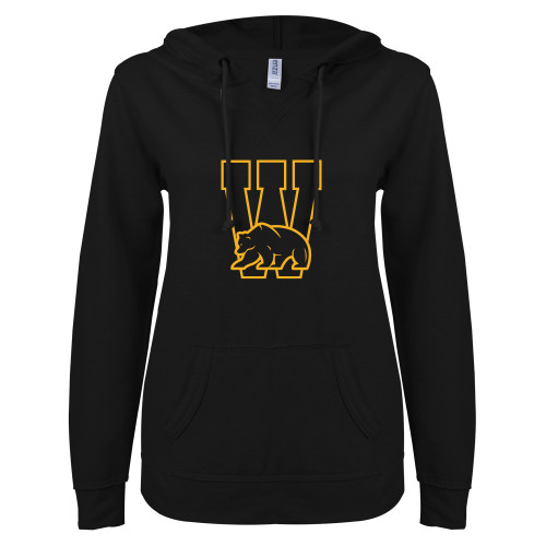  ENZA Womens Black V Notch Raw Edge Fleece Hoodie - W Logo with Bear