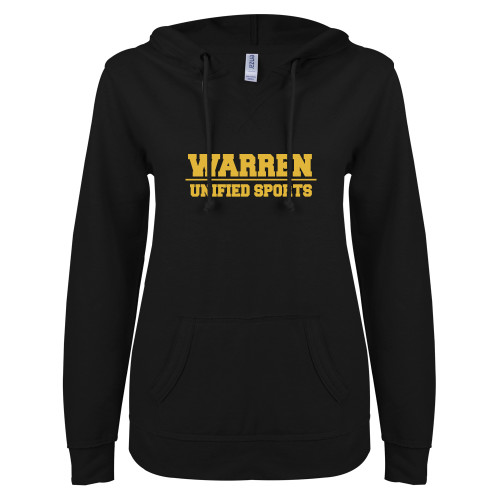  ENZA Womens Black V Notch Raw Edge Fleece Hoodie - Warren Unified Sports