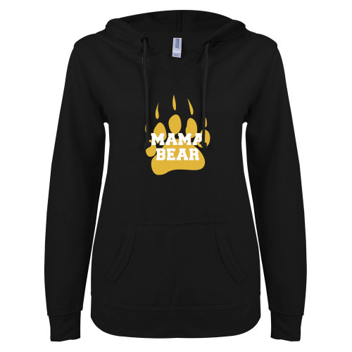  ENZA Womens Black V Notch Raw Edge Fleece Hoodie - Mama Bear